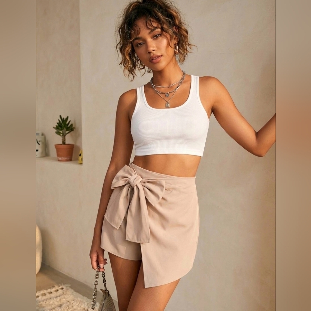 Cider Beige Tie-Waist Mini Skort